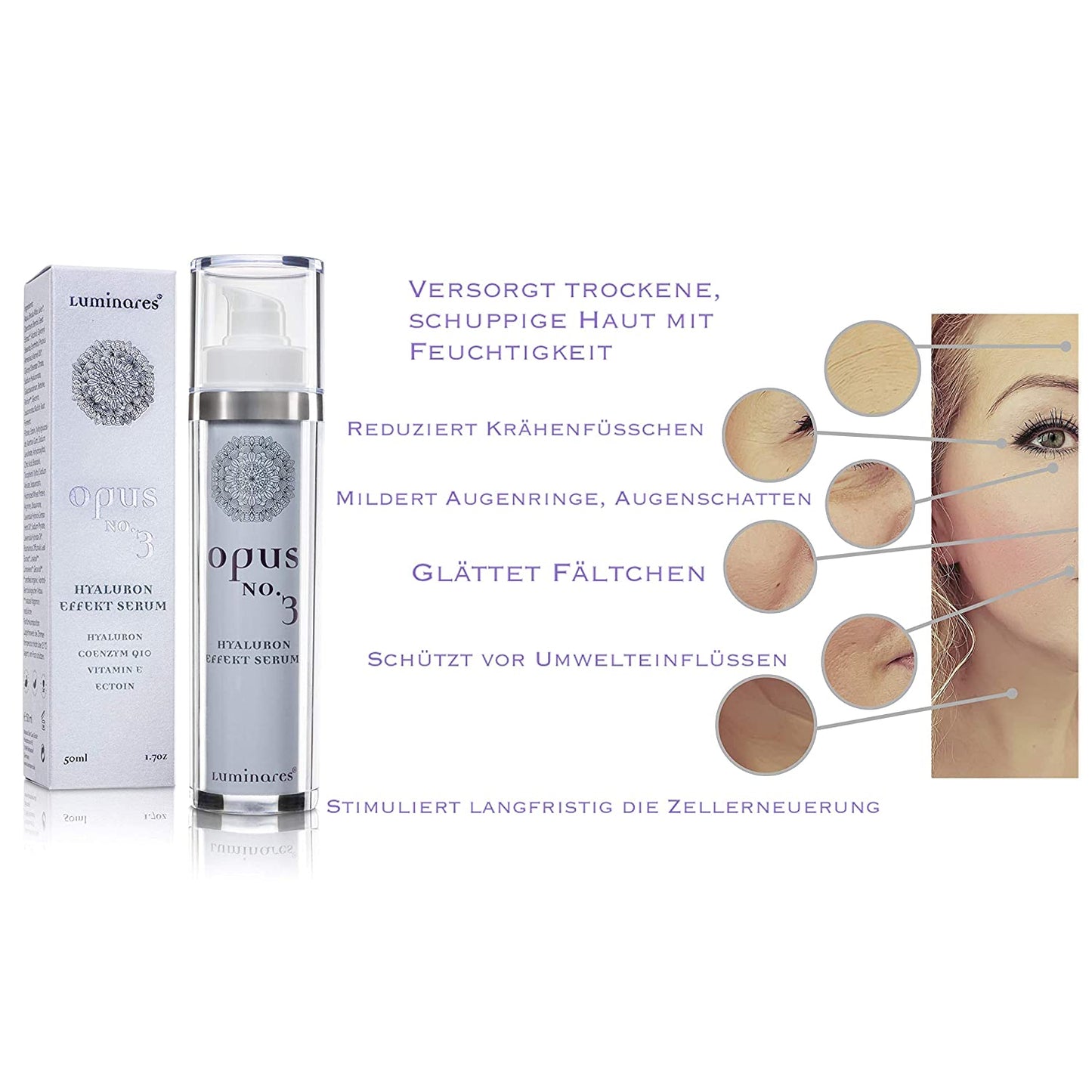 Luminares Opus No.3 Hyaluronsäure Effektserum 5fach Anti-Aging Creme Gel gegen Falten und Augenringe